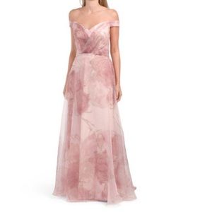 Rene Ruiz Off The Shoulder Draped Organza Gown Rose Gold NWT 18